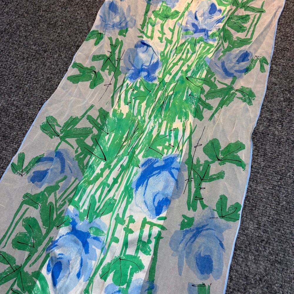 Vintage Vera Neumann Silk Scarf Blue Green Floral Print Long Designer 15x43 - Picture 3 of 5